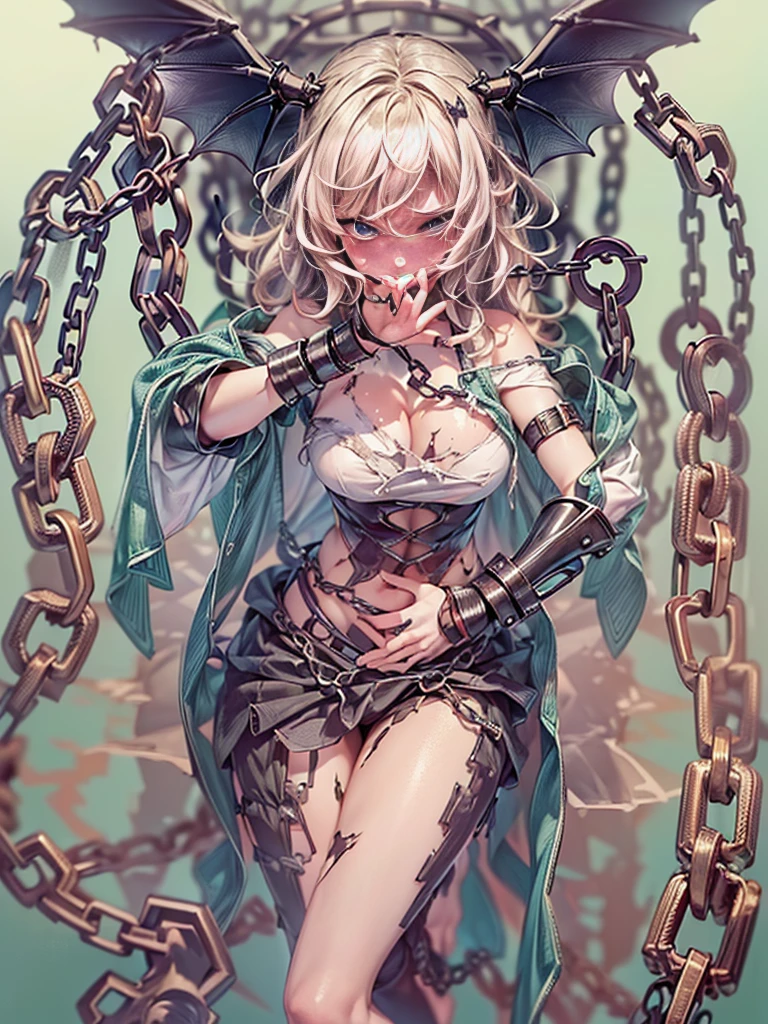 (RAW shooting:1.5, realistic:1.5, fractal art:1.5, 8K), (highest quality, masterpiece, ultra high resolution), Demonic world, Underground prisons, ((perfect dynamic composition:1.7)), Highly detailed skin and facial textures:1.3, Detail of limbs, 1 girl, (Cute sexy succubus demon with big wings:1.3, beautiful and aesthetic:1.3, Wearing detailed body jewelry:1.3), prisoner of war, slave, Horn, Fair skin, open your legs, colorful, (Correctly wear heavily torn clothes off-shoulder:1.3), Huge breasts that are about to burst, Do not show areola, big chest gap, (The expression on your face when you feel intense caress, Facial expression when feeling pleasure, A look drowning in pleasure, Are crying), beautiful blue eyes, Eyes that feel beautiful eros, sexy face, blush, (Too erotic and cute:0.9, Bewitching:0.9), ((torture:1.5, Both arms are shackled and lifted up.:1.2, Lots of chains:1.8, countless chains tangled in clothes:1.8, chain the right arm:1.2, chain the left arm:1.2, Bind the right leg with shackles and chains:1.2, Bind the left leg with shackles and chains:1.2)), (((An incomprehensible amount of liquid flows throughout the body:1.5))), super long blonde curly hair, View from the knee up