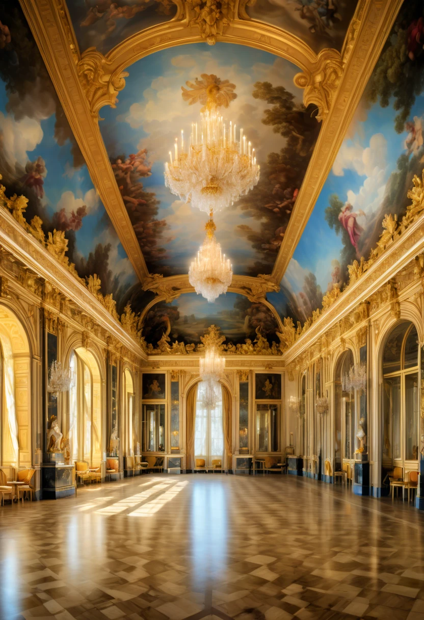 Art Deco, Palace of Versailles, Banquets, luxury, grandeur, the 17th century style, panoramic, Ultra high saturation, bright and vivid colors, (best quality, masterpiece, Representative work, official art, Professional, 8k)