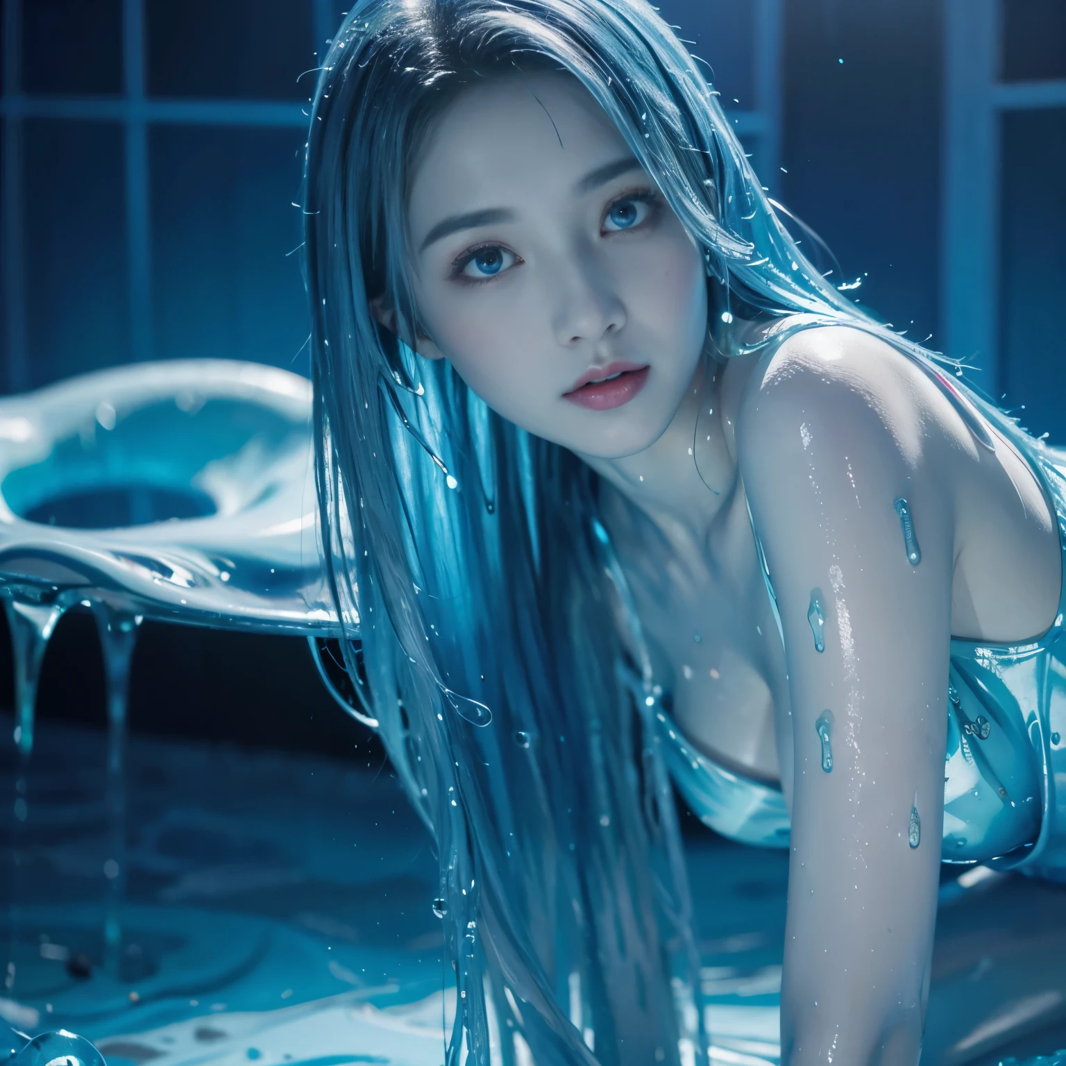 (hight resolution,masutepiece:1.2),Ultra-detailed,(Realistic:1.37), LiquidHair, liquid hair, blue mucus floating around, slime girl, covered in blue slime, (partially transparent), (Wet with water), (blue sweat), Slimy blue liquid dripping from her body. Her hair is also covered in blue slime. blue slime scatters, (Blue bob cut hair), blue eyes