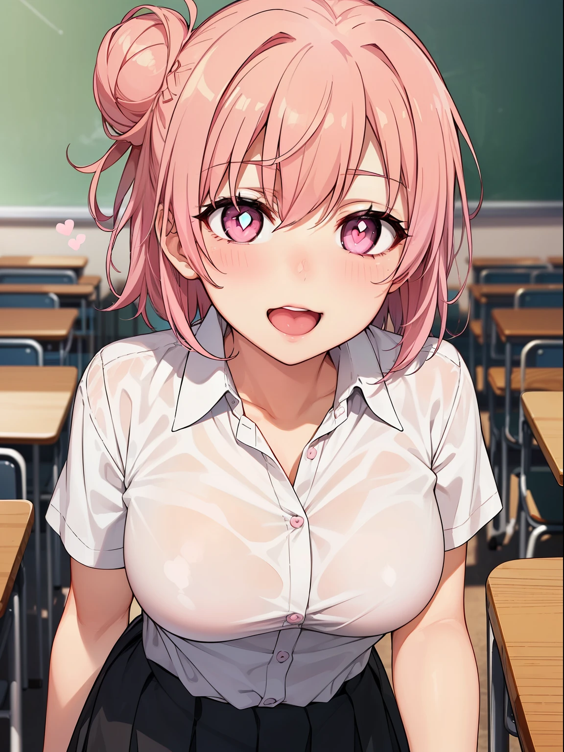 ((muste piece, best quality, High resolution, ticker, perfect pixel, Depth of bounds written, In 4K, )), 1 girl, solo, , beautiful anime girl, beautiful art style,
close up of breasts, Looking at Viewer,
perfect body,
Yuigahama Yui, hair bun, short hair, big , pink hair,
full face blush, open mouth, (empty eyes, heart-shaped pupil, pink eyes:1.4), smile,
white collared shirt, black skirt,
in classroom,
From above, POV handjob,
upper glance,