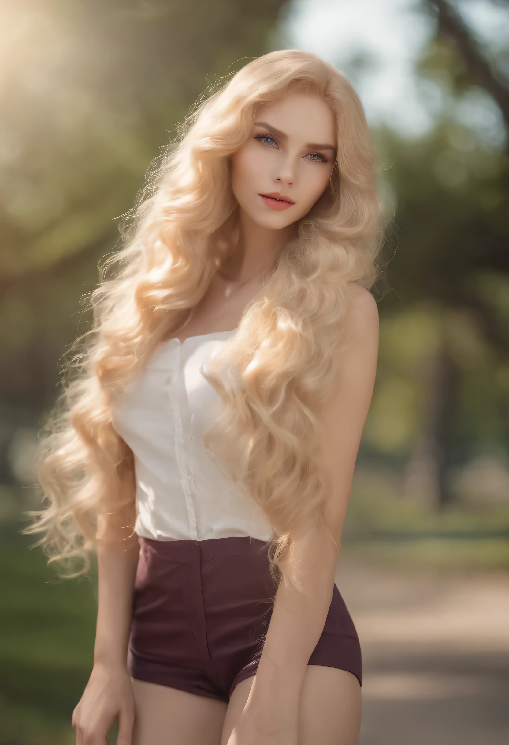 beautiful woman,With extra long blond curly hair, detailed alluring eyes, Sexy long legs, Wear small shorts, t-shirt, ((detailed facial features)), (finely detailed skin), pale skin, lifelike皮肤纹理, Ultimate skin details, (pores:0.1), Masterpieces of the highest quality, lifelike, surreal, detailed, 8k, human development report, (pastel colors: 1.2), See deeply, broad light, high contrast, backlight, bloom, light shine, Color difference, sharp focus, original color photo, In the park during the day