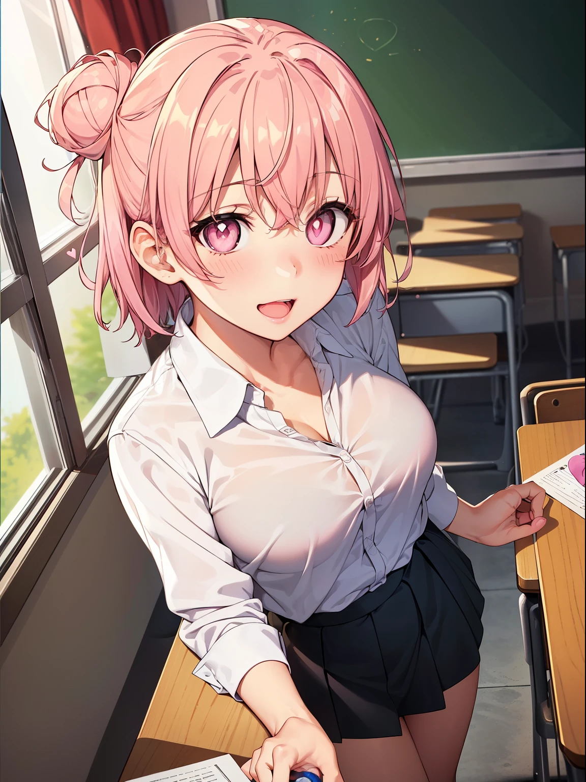 ((muste piece, best quality, High resolution, ticker, perfect pixel, Depth of bounds written, In 4K, )), 1 girl, solo, , beautiful anime girl, beautiful art style,
close up of breasts, Looking at Viewer,
perfect body,
Yuigahama Yui, hair bun, short hair, big , pink hair,
full face blush, open mouth, (empty eyes, heart-shaped pupil, pink eyes:1.4), smile,
white collared shirt, black skirt,
in classroom,
From above, POV handjob,
upper glance,