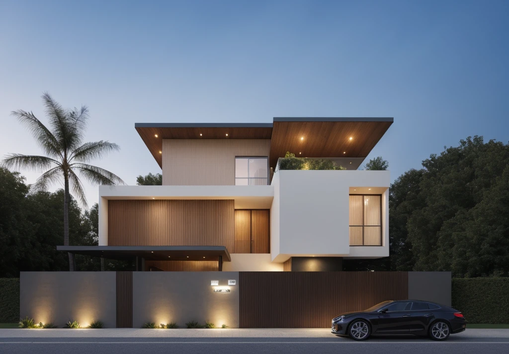 1 morden villa with, main material of villa about white wall and wooden cladding, main material by white wall and wood, 1large yard, 1 road runs in front of the house, (RAW photo, real, best quality, masterpiece:1.2), look morden minimalist, 1 road in front of the house, dynamic lighting:1.3, (hyper realistic, photo-realistic:1.2), high quality, (dark lighting:1.2), perfect lighting, archdaily, no human