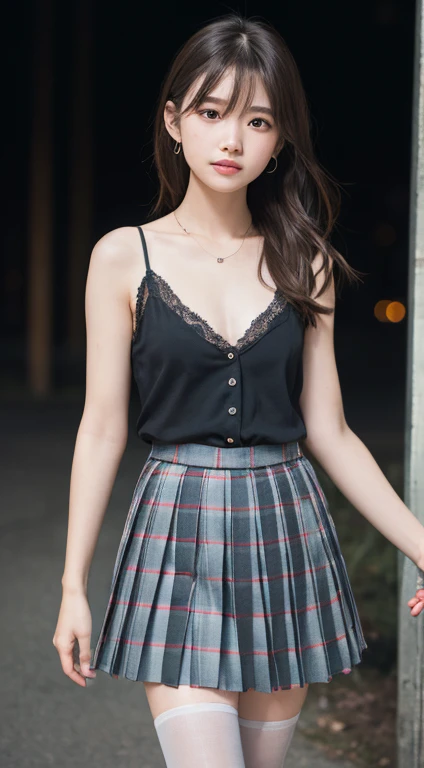 smile、night、Raw photo、(((ultimate beauty portrait)))、((glowing skin))、1 girl、15 year old beautiful girl from Prague、bright look、((brown hair))、(cleavage)、(plaid pleated skirt:1.5)、((Big eyes that shine like jewels))、open cardigan、open your clothes、pantyhose、Glossy and glossy skin、(medium hair)、(silky ponytail hair)、(standing)、(from below)、under the skirt、(from below下着の接写)、eyeliner、beautiful bangs、hair between eyes、((masterpiece、最high quality、super detailed、film light、intricate details、High resolution、very detailed))、detailed background、8KUHD、Digital single-lens reflex camera、soft light、high quality、film grain、Fujifilm XT3 、shallow depth of field、natural soft light、Kamimei、rich bust