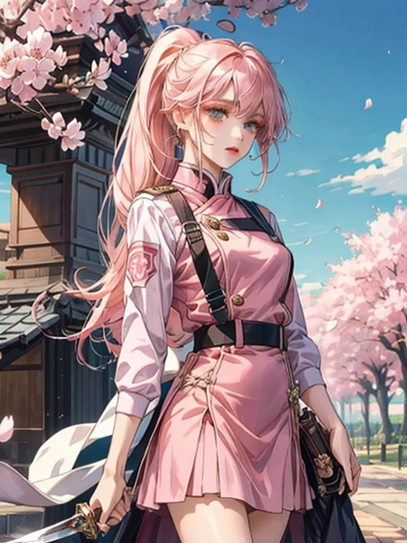 long bangs, very long ponytail, Smokey makeup, The Perfect Face, Pink hair, pink uniform with brown straps, pink wrap skirt, Holding a large knife in hand, cherry blossom background, Blue Sky, long sword, Clear picture quality, perfect face, masterpiece