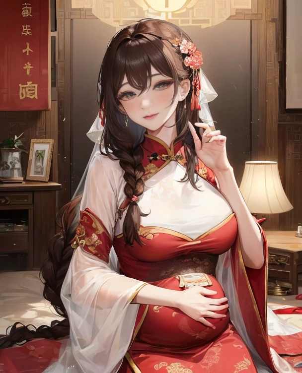 masterpiece, best quality, married woman, aldult, Chinese style, China, elder sister, Smile, hairpin,brown hair, princess cut, Single braid,Full of motherhood,cheongsam,purely,blush,Dignified yet lively,Mother,Put your hands on your belly,thin lips,Mature,Three trimesters of pregnancy,Exquisite
