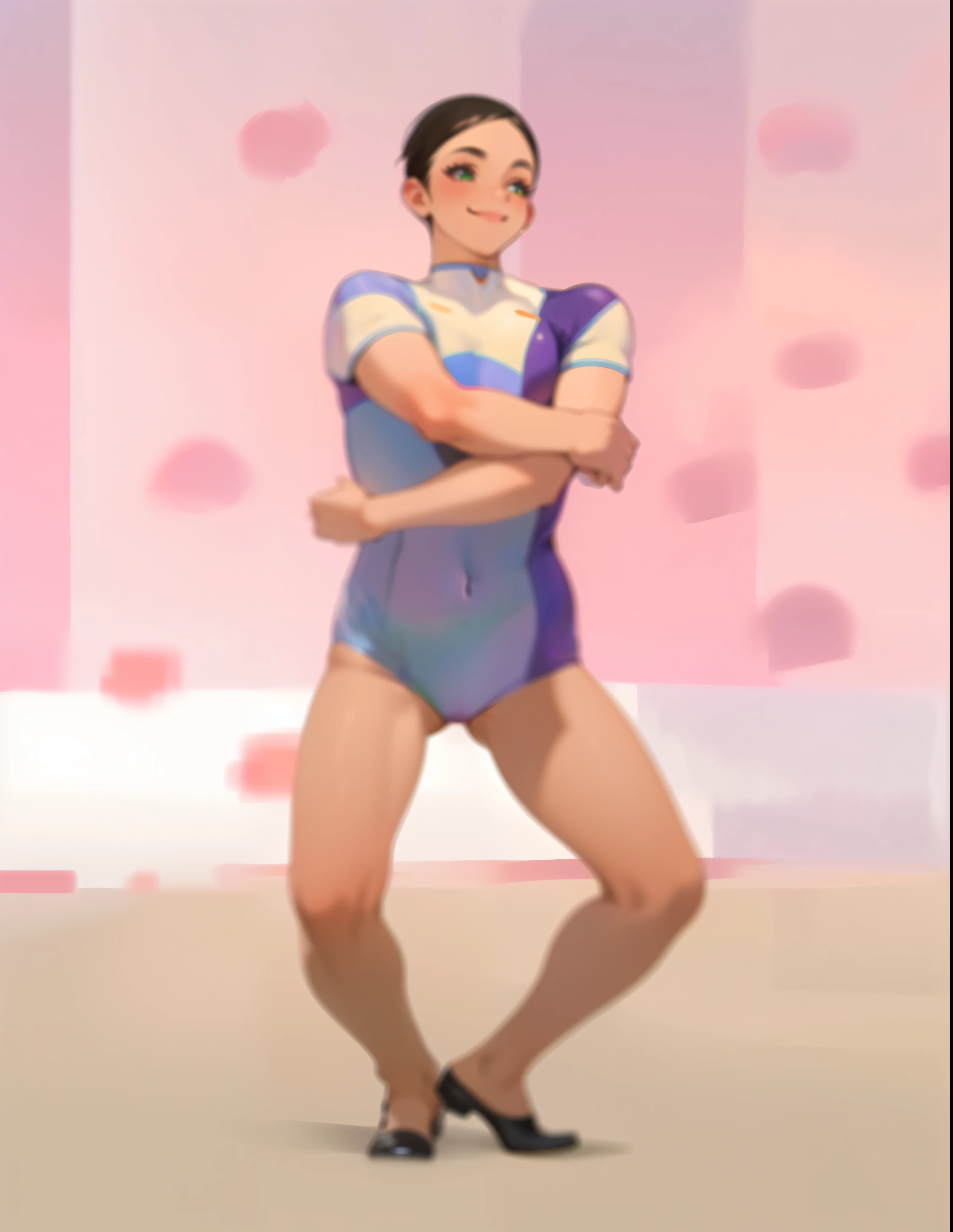 (highest quality,4K,8K,High resolution,masterpiece:1.2). green leotard.. symmetry, black shoes. light smile. short sleeve.symmetry
