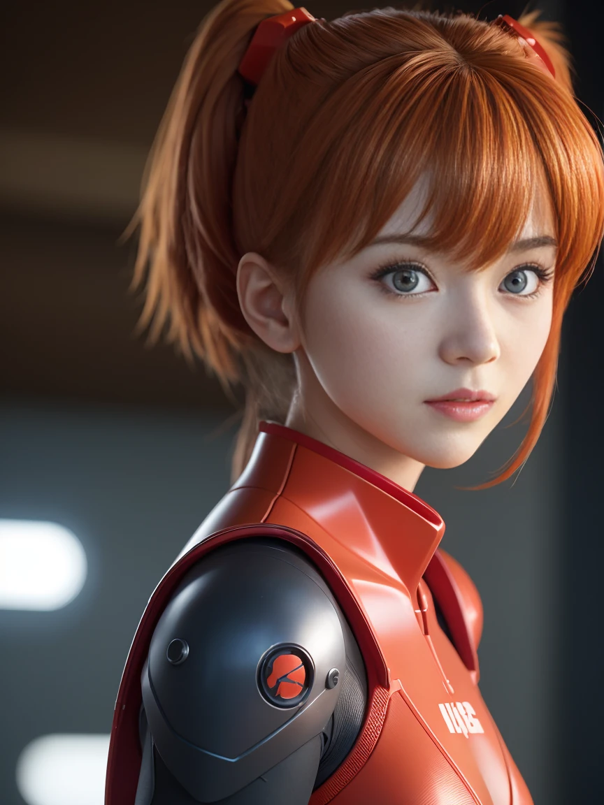 Close - up real - Live - action adaptation of a 3d character of Asuka Langley Soryu in plugsuit, charming face, NeonGenesis Evangelion cool expression