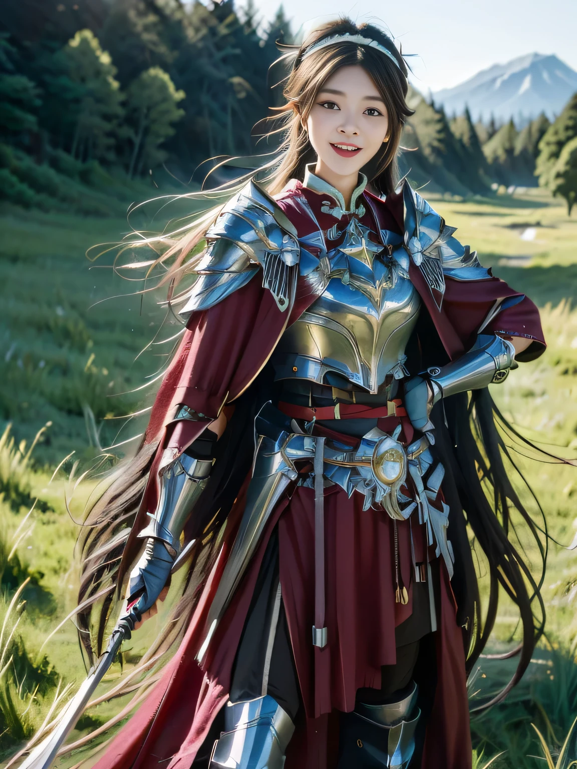 Chinese female general,,Detail the eyes,Crimson cape, metal pauldron,Metal armor,Breasts are full and erect,Gold hairband,majestic,Smile(open mouth)(The corners of the mouth are raised),、(Hair in a bun:1.5),(Hair bun raised high)。wilderness background(grassland background)