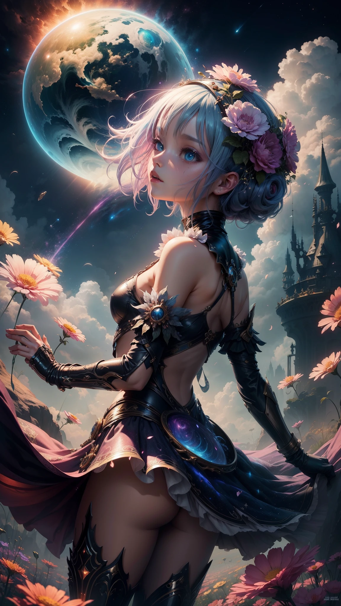"((Fantasy art)) featuring an alien girl immersed in a celestial symphony, clouds transforming into vibrant splashes, flowers scattered like notes in the wind, a visual orchestration of color and wonder"
