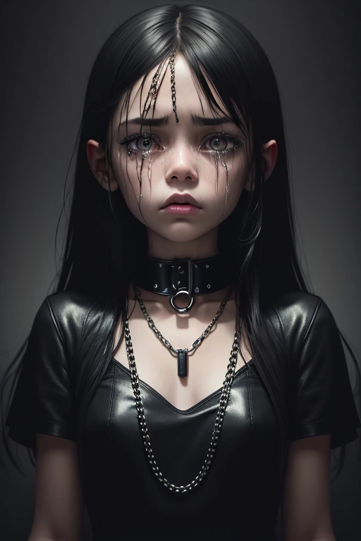 dark room ,basement, 1girl crying leather chains,(expressionless:0.8)