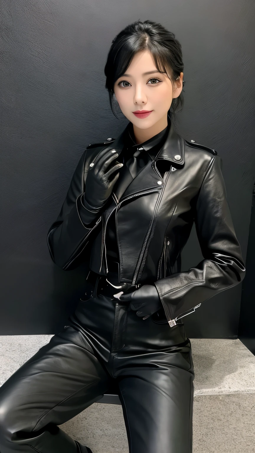Black leather riders jacket, Office in the Dark, Black leather glove fingertips on both hands,Wearing black leather gloves,Sitting in a black leather chair、 Japan Female New Employees (Black leather gloves cover both hands) (The angle is sideways)、Black Leather Leather Pants,Black Leather Black Leather Pants,Black Leather Skinny Pants、Long black leather boots on both feet、Black Hair Ponytail ((He wears black leather gloves on his hands))full body photo,Full Body Shot Full Body Full Body Leather Suit,☺If you turn in this direction。Wearing black leather gloves,Wearing black leather gloves,Wearing black leather gloves,Wearing black leather gloves,Wearing black leather gloves,Wearing black leather gloves,黒のレザーパンツが美しい😍黒のレザーパンツが美しい😍黒のレザーパンツが美しい,😍I'm smiling while looking at you,full body photo,full body photo,Full body leather wear