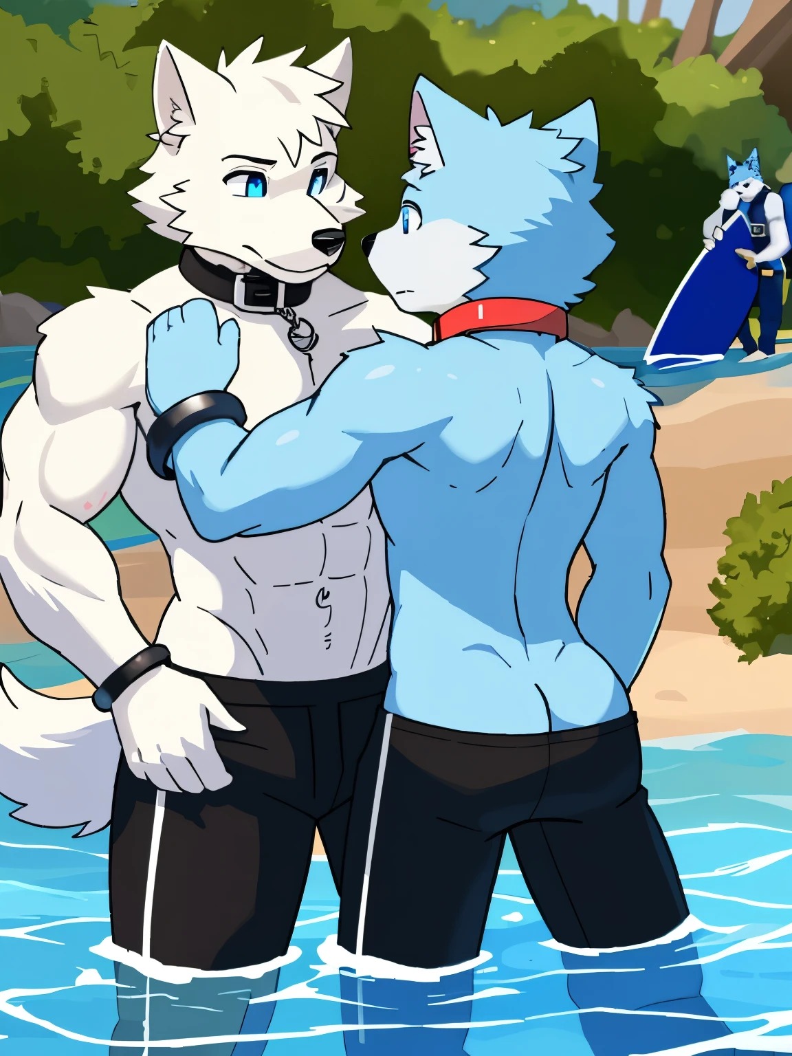 （two wolves），White wolf in handcuffs，Black wolf in police uniform，collar，legs tied，Hands behind your back，blue eyes，steel bracelet，anklet，Was arrested，Swimming pants，muscle，into the slime，Blue cat ears，drizzle，（Ultra-detailed graphics），（masterpiece），（Ultra-detailed character portrayal），short hair，sfw，maritime，surfboard，Hunt