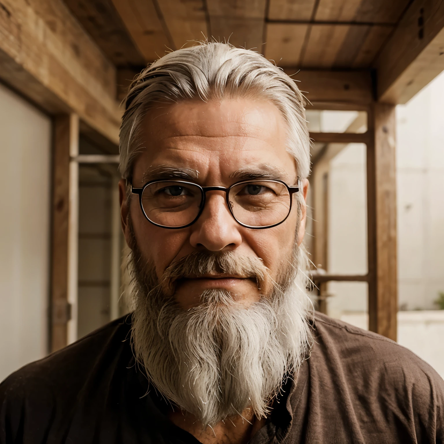 A old man. 40-50 years old. Has glasses. Had a beard. Handsome. Muscular. Very tall. Had a white hair.