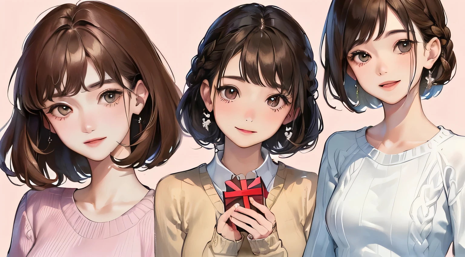 (((1 woman)))、(highest resolution、clear_image)、 ((Have a gift box))、((Upper body diagram))、best quality、((short hair)),(((smile)))、contrast of light and shadow、very detailed、Semi-realistic、brown hair、Braided hairstyle、long bangs、20-year-old、young、((sweater))、((View from the front))、delicate facial features facial features、Light pink background、