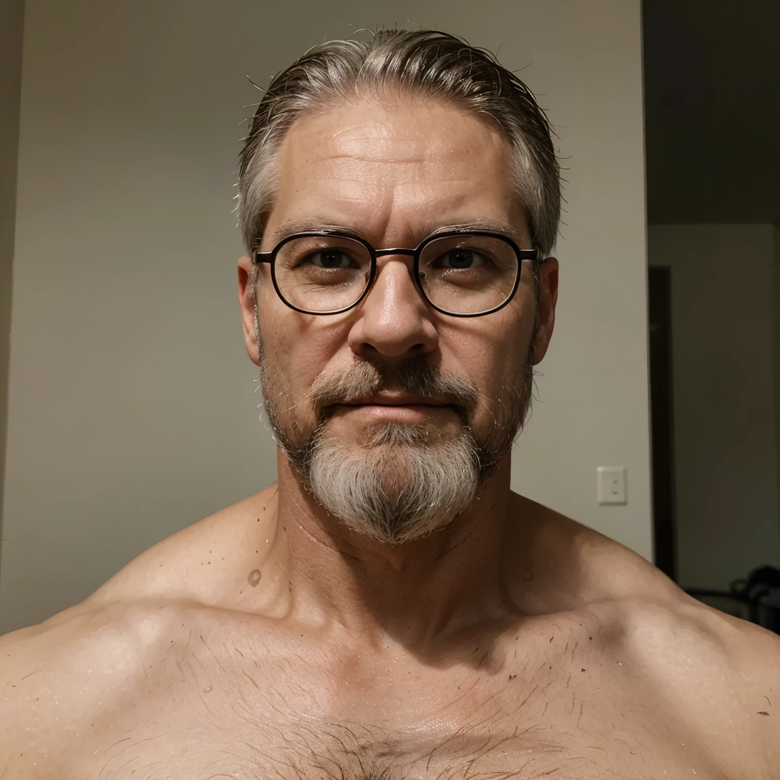 A old man. 40-50 years old. Has glasses. Had a beard. Handsome. Muscular. Very tall. Had a white hair.