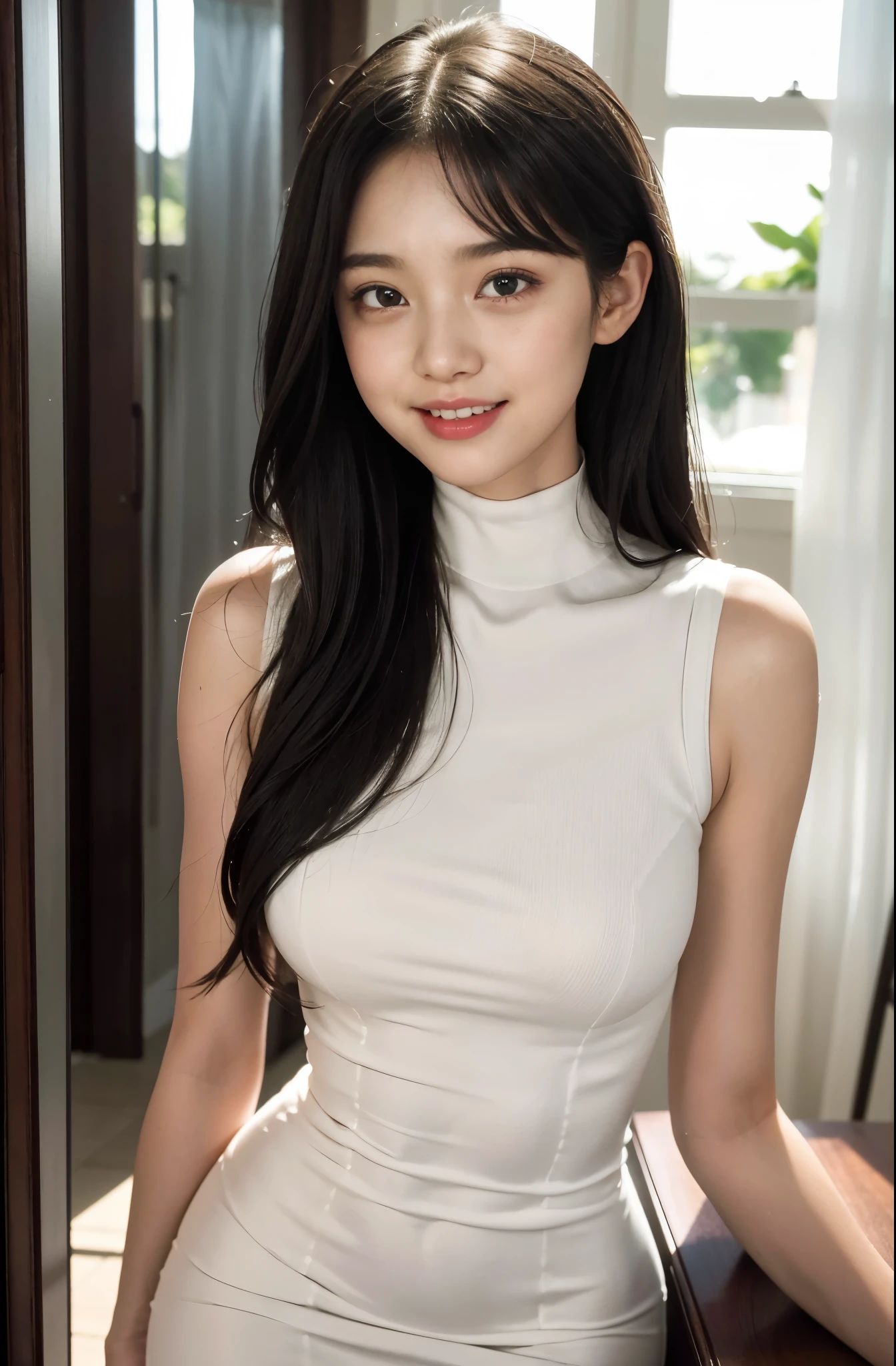 (masterpiece, 最high quality:1.2), One Japanese girl, alone,sexy, (Super beauty,beautiful girl),20-year-old, (厚くsexyな湿った唇,) (White sleeveless dress), (A very cute face, like an idol:1.3), (big eyes with double eyelids), ((Upper Body)), beautifulスリムな体型, (小さくてbeautiful胸), Beauty, Beautiful legs, Very detailedな, photoRealistic, 8k, high quality, Realistic, Very detailed, Intricate details, Cinema Lighting, beautiful, Intimate, delicate, soft,Natural light, Warm tones, Black Hair, Medium Straight Hair, With bangs, smile, In a room with white walls,