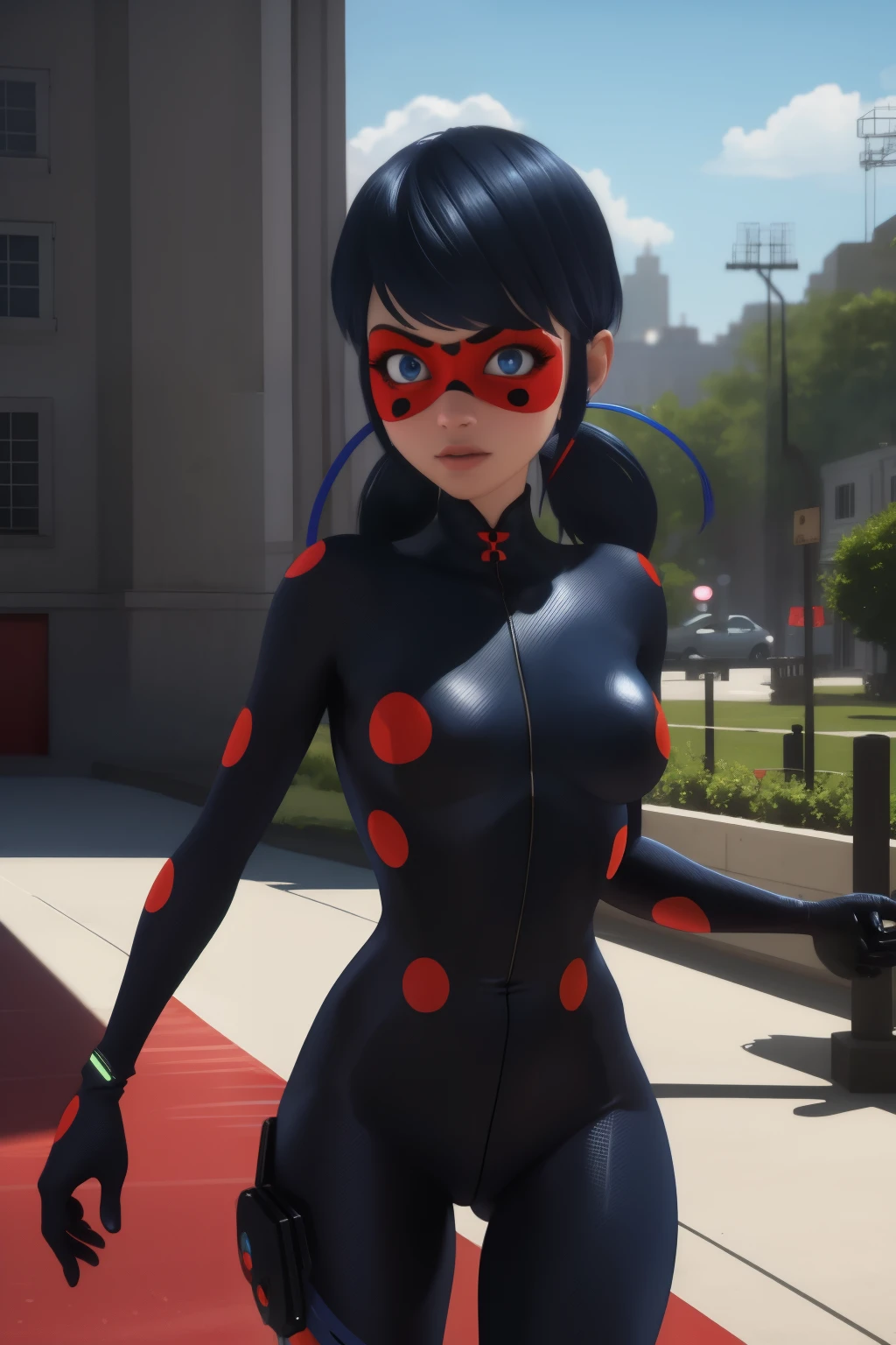 1girl,solo, blue hair, lady bug costume, very coherent artwork, cinematic, hyper realism, vibrant, octane render, unreal engine, 8 k, high contrast, higly detailed black outline,