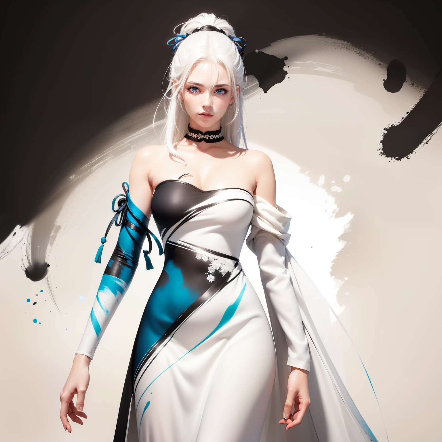 a woman with white hair and blue eyes is in a white dress with a black background and a splash of paint,