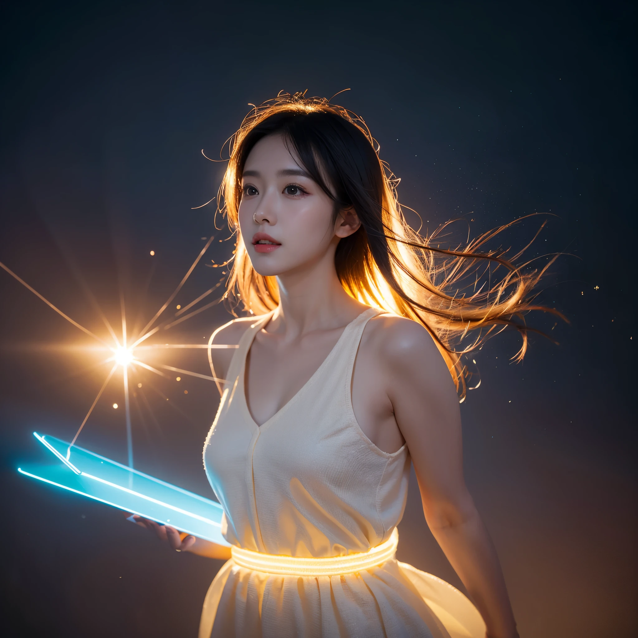 1girl, solo, light blue eyes, brown hair, holding a golden scepter, (blood volume: 1), running in the universe, (huge black hole: 1.2) full body, (official set: 1.5), dullyarts, dust background details, Eye details, ore disease lesions\(Tomorrow's Ark\), (realism: 1.4), official art, unreal 8k wallpaper, ultra-detailed, beautiful and aesthetic, masterpiece, best quality, (dynamic angle: 1.4), (floating Colorful sparkle: 1.2), elegant, bright colors, romanticism, medium chest, no panties