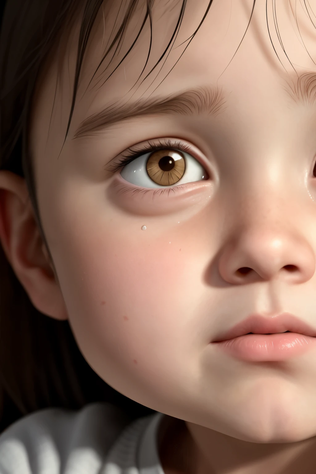 [A heart-wrenching close-up shot rendered in Unreal Engine with hyper-realistic details, highlighting the scared face of a young girl. Her wide eyes, brimming with tears and filled with raw fear, seemingly leap out of the frame as she tightly grasps the hand of an adult. Her delicate features, including her rosy cheeks and quivering lip, exude a sense of vulnerability and innocent charm amidst the mayhem, invoking a deep sense of empathy in the viewer] --q 4 --v 6.1 --ar 16:9 --s2

Or:

[An exquisitely detailed and emotionally captivating close-up
