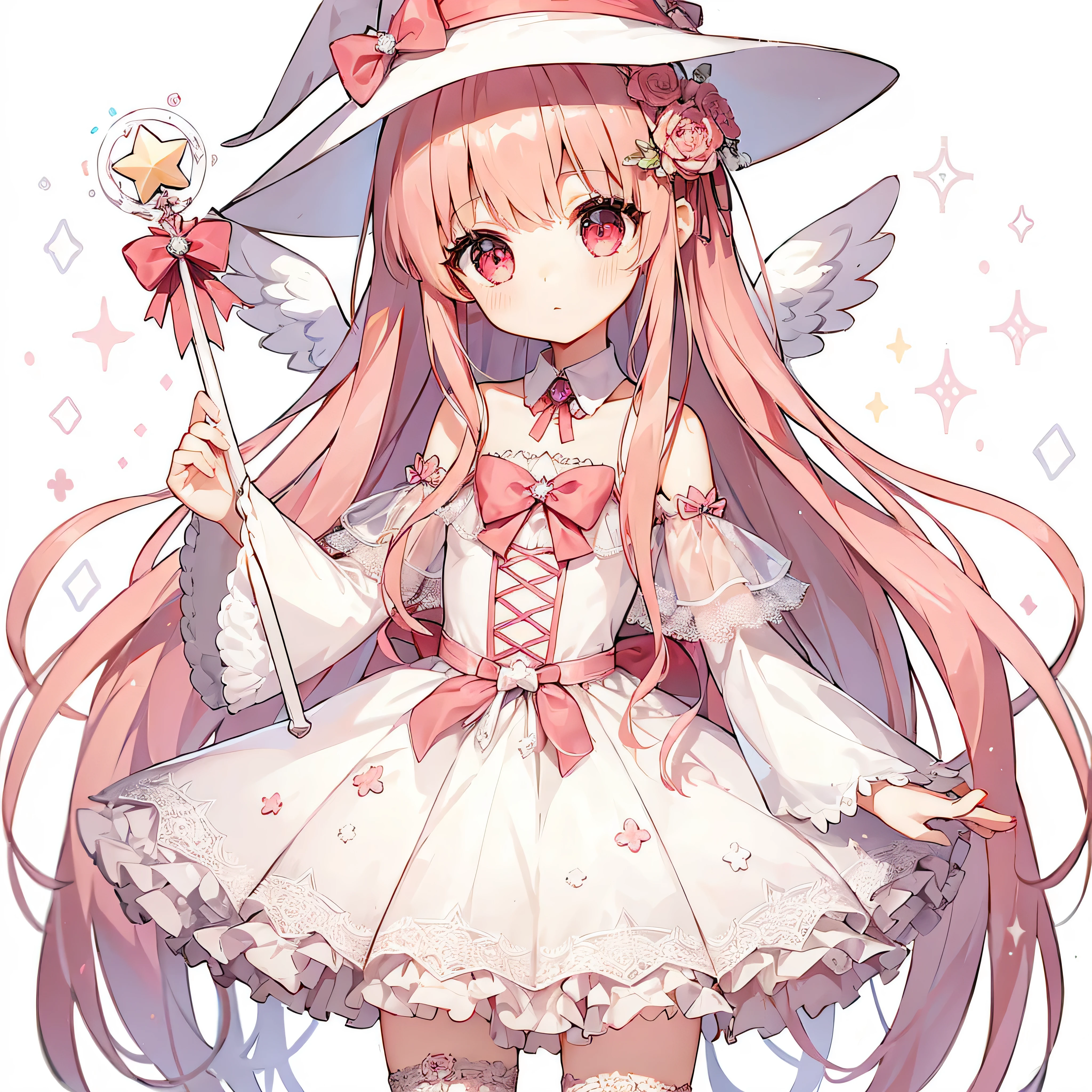 1 girl, (female:1.0), , angel, magical girl, (long hair:1.0), (pink hair:1.0), straight hair, parted bangs, (magical dress:1.0), white-based, cute magical girl dress design, cute magic wand with a star at the tip, matching cute witch hat, small angel wings on the back, average body type, babyface, (ceyes:1.0), red eyes, BREAK Flat high-quality illustration style, BREAK no background
