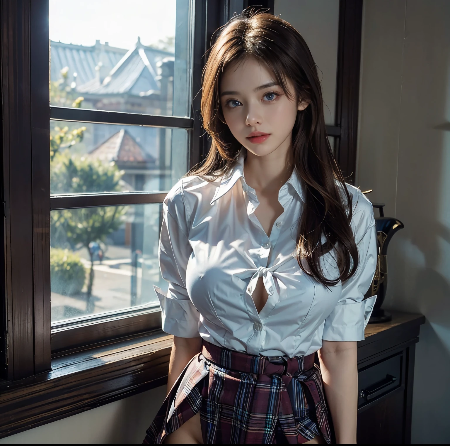 Highest image quality、8K quality、masterpiece、professional writing、(Two big breasted women are standing:1.4)、(Super big breasts compressed with clothes:1.5)、Whitening skin、Shining blue eyes、(A tight pure white shirt that completely covers her huge breasts:1.4)、Crimson Ribbon Tie、Amazingly short super mini pleated tartan check skirt、(The upper body is hidden by the shirt and no skin is visible.:1.5)、(slim waist:1.2)、above the knee、Skirtliftv1、(Beautiful butt:1.4)、(Super big breasts straight ahead composition:1.4)