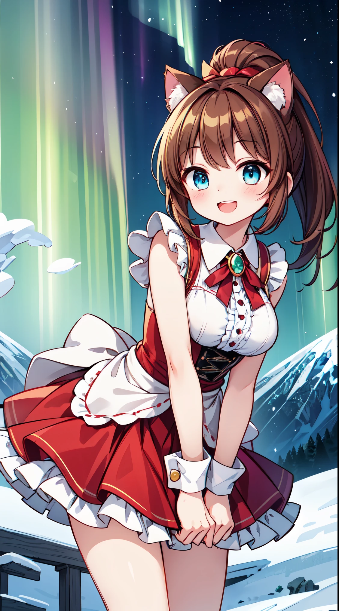 (super fine illustration:1.2),(masterpiece, 8k), (best quality, high quality:1.4), perfect anatomy, hyper detailed, ultra detailed,masterpiece background,beautiful detailed background, v8k wallpaper,perfect design,award-winning art,atmospheric, BREAK, 1 beautiful girl, (17 years old girl),Solo,(Cute:1.5),(Chibi:0.6),(kawaii:1.5),(:0.5),BREAK,1 beautiful girl, (17 years old girl), Very detailed, colourfull, highest details, BREAK, (Huge breasts: 1. 2), Clear skin, Beautiful skin, Shy skin, 1 beautiful girl, (Brown hair:1.75), (Cat ears, Ponytail, medium-Long hair: 1. 2), (Light blue eyes, long eyelashes, Double eyelids: 1. 2),Solo,gleaming skin, Clear skin, Beautiful skin,(best quality face),(Top quality glowing eyes),(The best smile,:D:1.45), nose blush, sleepy, grin, open mouth,
//Character
1girl,
BREAK
//Fashion
Countryside Jane Austen Charm,
Choose a lightweight, empire-waist Regency dress in pastel tones, capturing the romantic style of Jane Austen’s era,
BREAK
Add ribbons and bows as delicate embellishments, tying them around the waist or in the hair for a touch of Regency charm,
BREAK
Wear a bonnet or a straw hat adorned with flowers, echoing the fashion of the early 19th century,
BREAK
Opt for lace-up ballet flats in a coordinating color, providing comfort while staying true to the Regency style,
BREAK
Pin a simple cameo brooch to the bodice, reflecting the understated elegance of the
BREAK
standing, (leaning forward:1.3), looking at viewer,
BREAK nose blush, smile, open mouth,
(winter, snowy, ice, mountains, night:1.2), (under the aurora:1.5), (starry sky:1.3),
BREAK
(perfect anatomy, perfect arms, perfect hand, perfect finger, perfect legs:1.3)
BREAK,wakame,wakame,wakame, (from below:1.2), cowboy shot,
BREAK,(Blurry background:1.3),(absurderes, hight resolution, Super Detail Art),cel shading,Clear Color, Lonely optical effect, Beautiful pictures, Bright glow, mystic atmosphere,Mystical light particle effect,manga influence, clean line drawings,