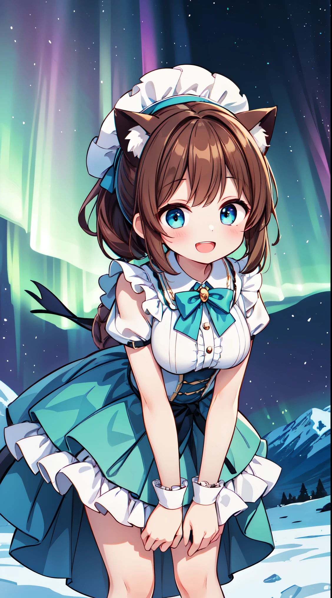 (super fine illustration:1.2),(masterpiece, 8k), (best quality, high quality:1.4), perfect anatomy, hyper detailed, ultra detailed,masterpiece background,beautiful detailed background, v8k wallpaper,perfect design,award-winning art,atmospheric, BREAK, 1 beautiful girl, (17 years old girl),Solo,(Cute:1.5),(Chibi:0.6),(kawaii:1.5),(:0.5),BREAK,1 beautiful girl, (17 years old girl), Very detailed, colourfull, highest details, BREAK, (Huge breasts: 1. 2), Clear skin, Beautiful skin, Shy skin, 1 beautiful girl, (Brown hair:1.75), (Cat ears, Ponytail, medium-Long hair: 1. 2), (Light blue eyes, long eyelashes, Double eyelids: 1. 2),Solo,gleaming skin, Clear skin, Beautiful skin,(best quality face),(Top quality glowing eyes),(The best smile,:D:1.45), nose blush, sleepy, grin, open mouth,
//Character
1girl,
BREAK
//Fashion
Countryside Jane Austen Charm,
Choose a lightweight, empire-waist Regency dress in pastel tones, capturing the romantic style of Jane Austen’s era,
BREAK
Add ribbons and bows as delicate embellishments, tying them around the waist or in the hair for a touch of Regency charm,
BREAK
Wear a bonnet or a straw hat adorned with flowers, echoing the fashion of the early 19th century,
BREAK
Opt for lace-up ballet flats in a coordinating color, providing comfort while staying true to the Regency style,
BREAK
Pin a simple cameo brooch to the bodice, reflecting the understated elegance of the
BREAK
standing, (leaning forward:1.3), looking at viewer,
BREAK nose blush, smile, open mouth,
(winter, snowy, ice, mountains, night:1.2), (under the aurora:1.5), (starry sky:1.3),
BREAK
(perfect anatomy, perfect arms, perfect hand, perfect finger, perfect legs:1.3)
BREAK,wakame,wakame,wakame, (from below:1.2), cowboy shot,
BREAK,(Blurry background:1.3),(absurderes, hight resolution, Super Detail Art),cel shading,Clear Color, Lonely optical effect, Beautiful pictures, Bright glow, mystic atmosphere,Mystical light particle effect,manga influence, clean line drawings,