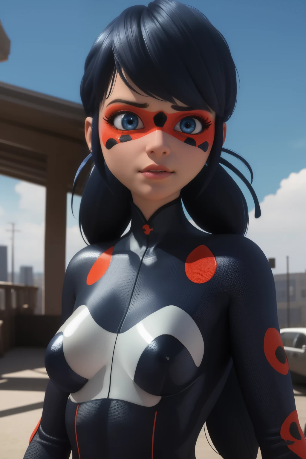 1girl,solo, blue hair, lady bug costume, very coherent artwork, cinematic, hyper realism, vibrant, octane render, unreal engine, 8 k, high contrast, higly detailed black outline,