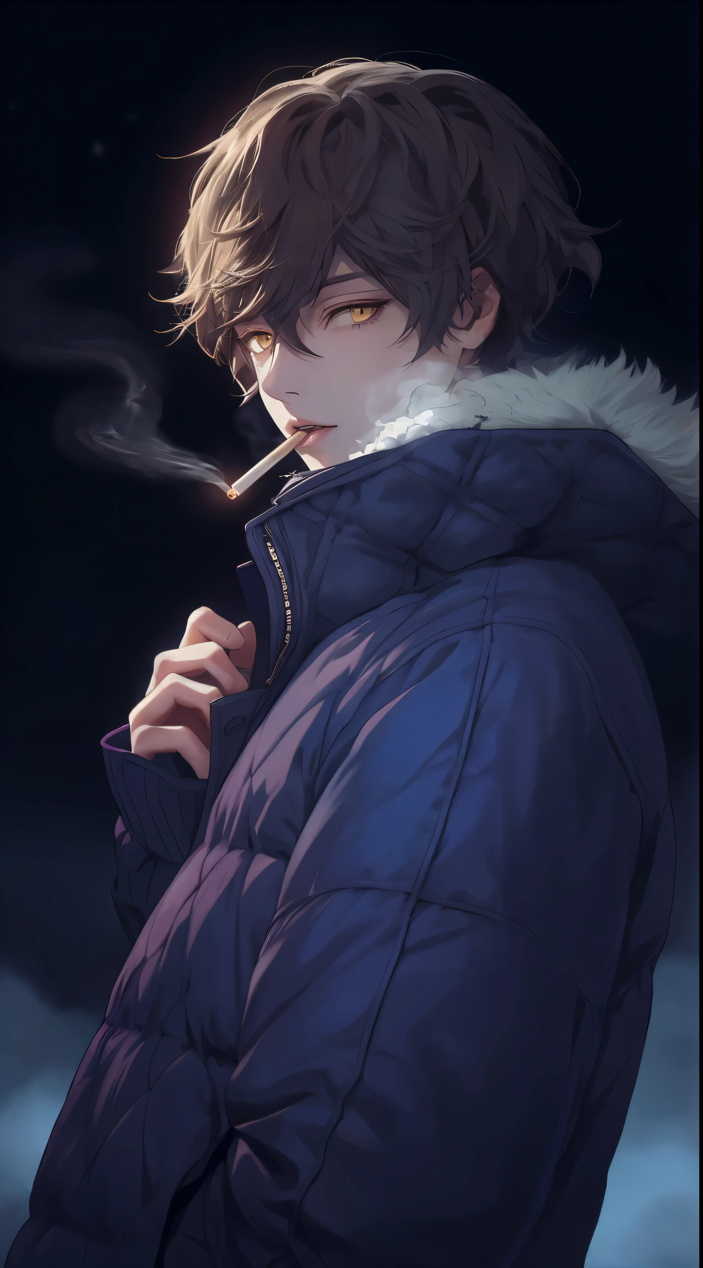 beautiful young man, brown hair, short hair, yellow eyes, blue quilted coat, cigarettes, night, cigarette,high quality, Amount to draw, pixiv illustration