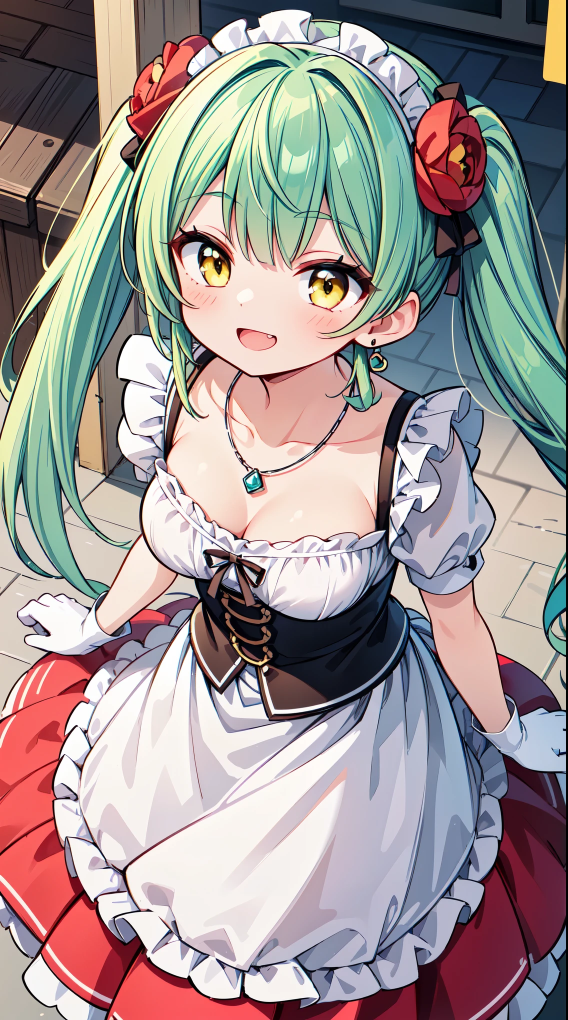 (super fine illustration:1.2),(masterpiece, 8k), (best quality, high quality:1.4), perfect anatomy, hyper detailed, ultra detailed,masterpiece background,beautiful detailed background, v8k wallpaper,perfect design,award-winning art,atmospheric,
BREAK, 1 beautiful girl, (17 year old girl),alone,(cute:1.5),(Little:0.6),(cute:1.5),(change:0.5),break, :d, (twin tails, green hair, horn, long hair:1.35), (yellow eyes, double, slanted eyes:1.45), blush, double teeth, ((D cup breasts))), heart, sight, maid, /maid dragon/, dragon tail, (long eyelashes, double eyelids, thin eyebrows:1.2), alone, glowing skin, beautiful skin, beautiful skin, (highest quality face), (highest quality slanted eyes), maid outfit, gloves, open your mouth, short sleeve, smile, white gloves,(The best smile,smug face:1.45),
BREAK, (1girl, solo, looking at viewer, walking:1.2), (Amusement park:1.2), (attractions, theme parks, roller coaster:1.2), (ferris wheel:1.2), (flower, fountain:1.2), (outdoor:1.2), beautiful detailed sky, dating, sunlight, beautiful lighting, volumetric lighting,
BREAK ((white camisole), (nipple:0.8), detailed frilled camisole), (red skirt, detailed laced skirt), (tiara, necklace, earrings), (flower crown, flower head, side flower head, flower hair ornament:1.5)
BREAK,wakame,wakame,wakame,(looking up,from front above:1.5) ,
BREAK,(Blurry background:1.3),(absurderes, hight resolution, Super Detail Art),cel shading,Clear Color, Lonely optical effect, Beautiful pictures, Bright glow, mystic atmosphere,(Close-up of girl:1.1), Mystical light particle effect,manga influence, clean line drawings,