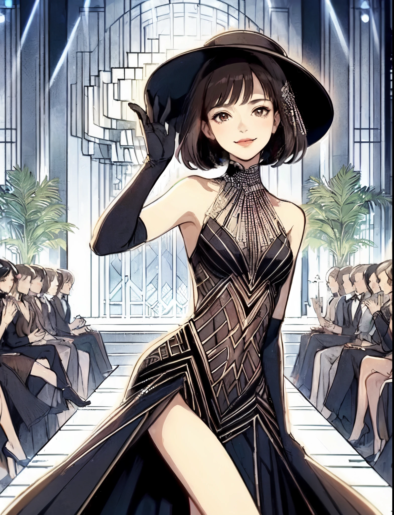 1lady solo, (contrapposto:1.2) on central stage, model, (chic dress) stylish outfit, mature female, /(black hair/) bangs, elegantly smile, (masterpiece best quality:1.2) delicate illustration ultra-detailed, medium breasts BREAK (Art Deco style dress:1.2) (geometric pattern:1.2), simple, minimal decoration BREAK (fashion show:1.2) (bustling venue indoors), (Art Deco style:1.2), spotlight, audience, detailed background