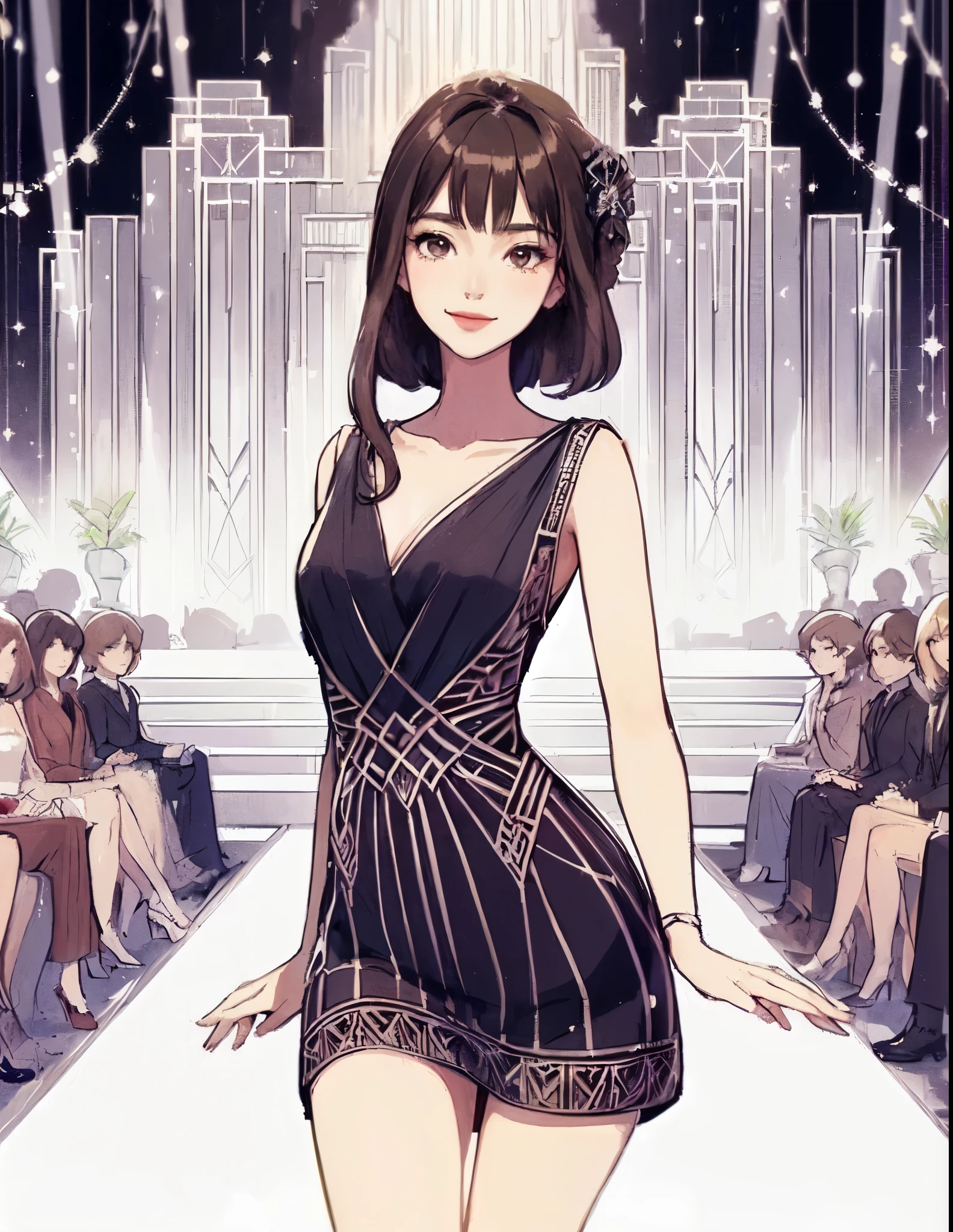 1lady solo, (contrapposto:1.2) on central stage, model, (chic dress) stylish outfit, mature female, /(black hair/) bangs, elegantly smile, (masterpiece best quality:1.2) delicate illustration ultra-detailed, medium breasts BREAK (Art Deco style dress:1.2) (geometric pattern:1.2), simple, minimal decoration BREAK (fashion show:1.2) (bustling venue indoors), (Art Deco style:1.2), spotlight, audience, detailed background