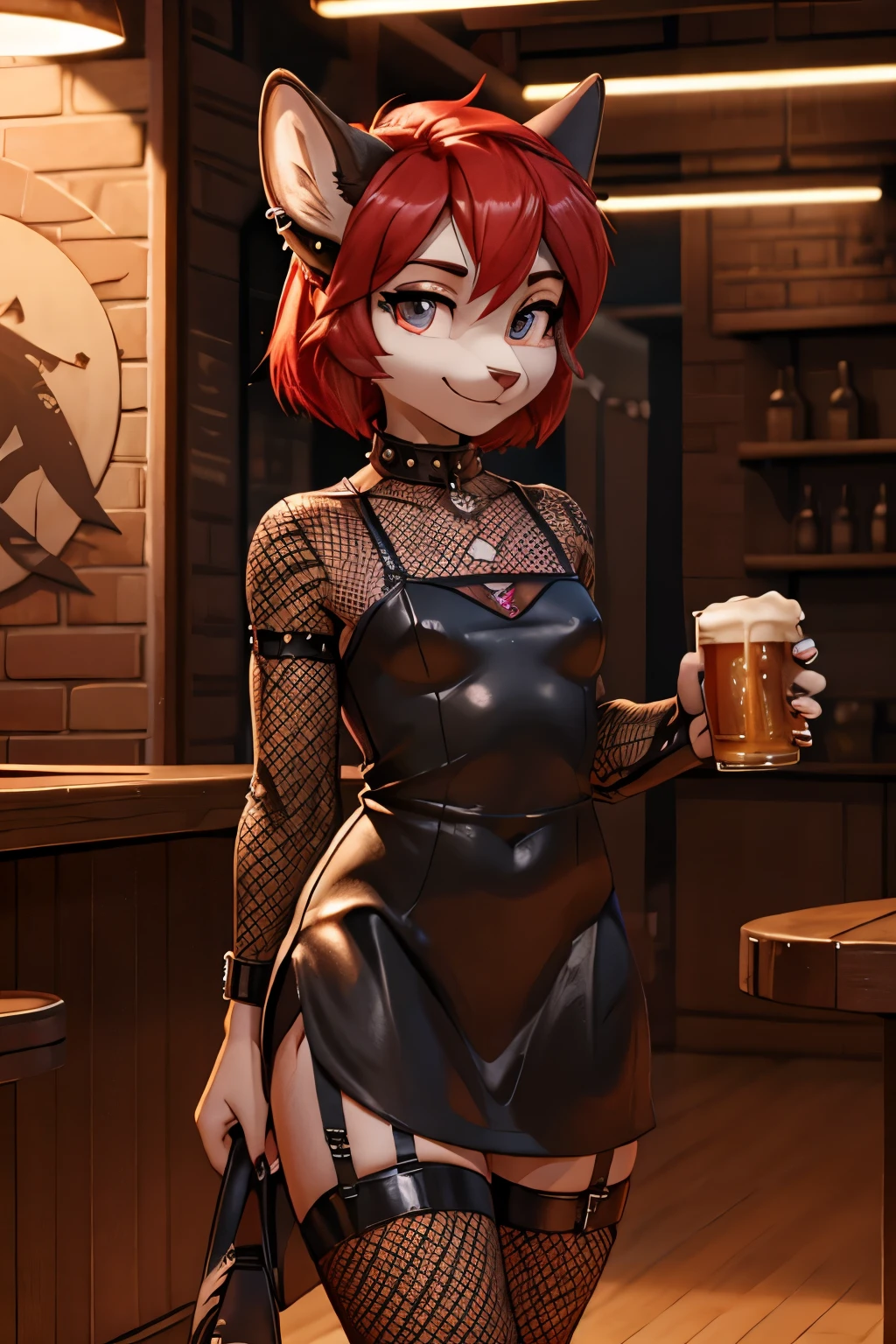young girl, red hair, 18 years old, small breasts, small biotype, bob hair, tattoed arms, black tattos, piercings in face, , black dress, black letter dress, short dress, punk dress, wearing fishnet stockings, black boots, smiling, in a ballad, looking at viewer, holding beer cup, 4k, masterpiece