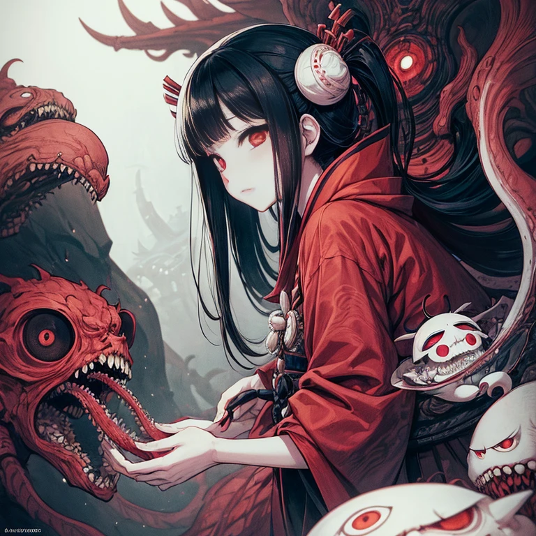 (1 girl:1.2), alone, Hime cut,japanese traditional clothing, red eyes,cartoon style, Joe Fenton, a black and white photo of deadpan, camp, unbecoming, gnawling, envy, Ghast (lovecraftian),Calm, soft smile, Wayne Barlowe,, in gochuumon wa usagi desu ka? style, nostalgic