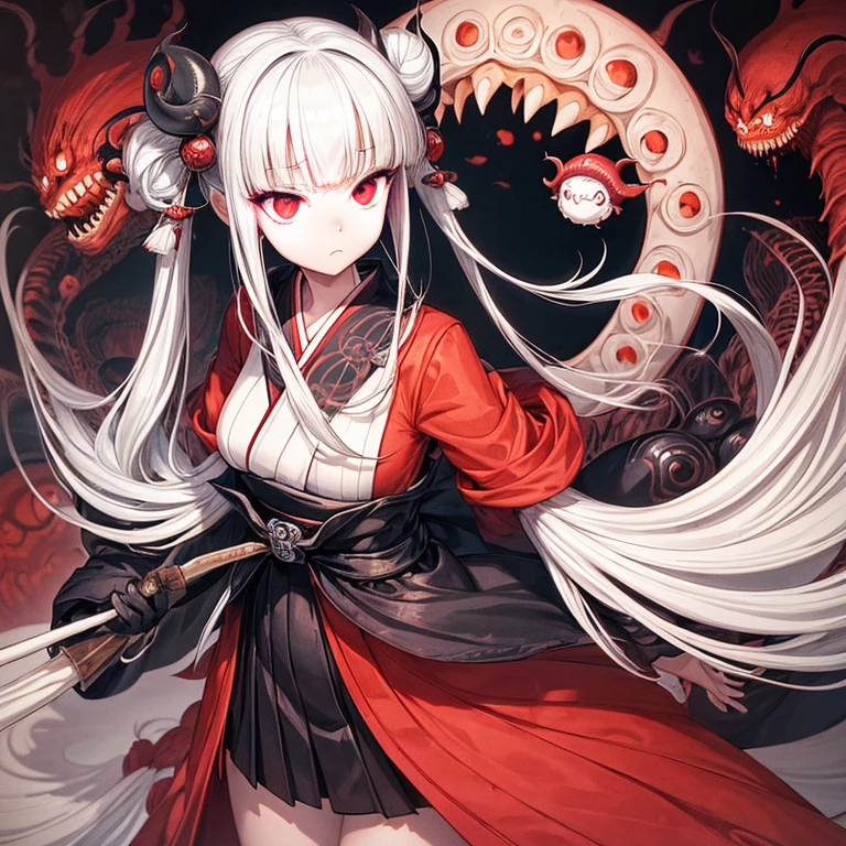 One woman, masterpiece, best quality, fair skin, white hair, long hair, snake eyes, red pupils, snake, black kosode, black scales, wearing a red obi, anime, black background