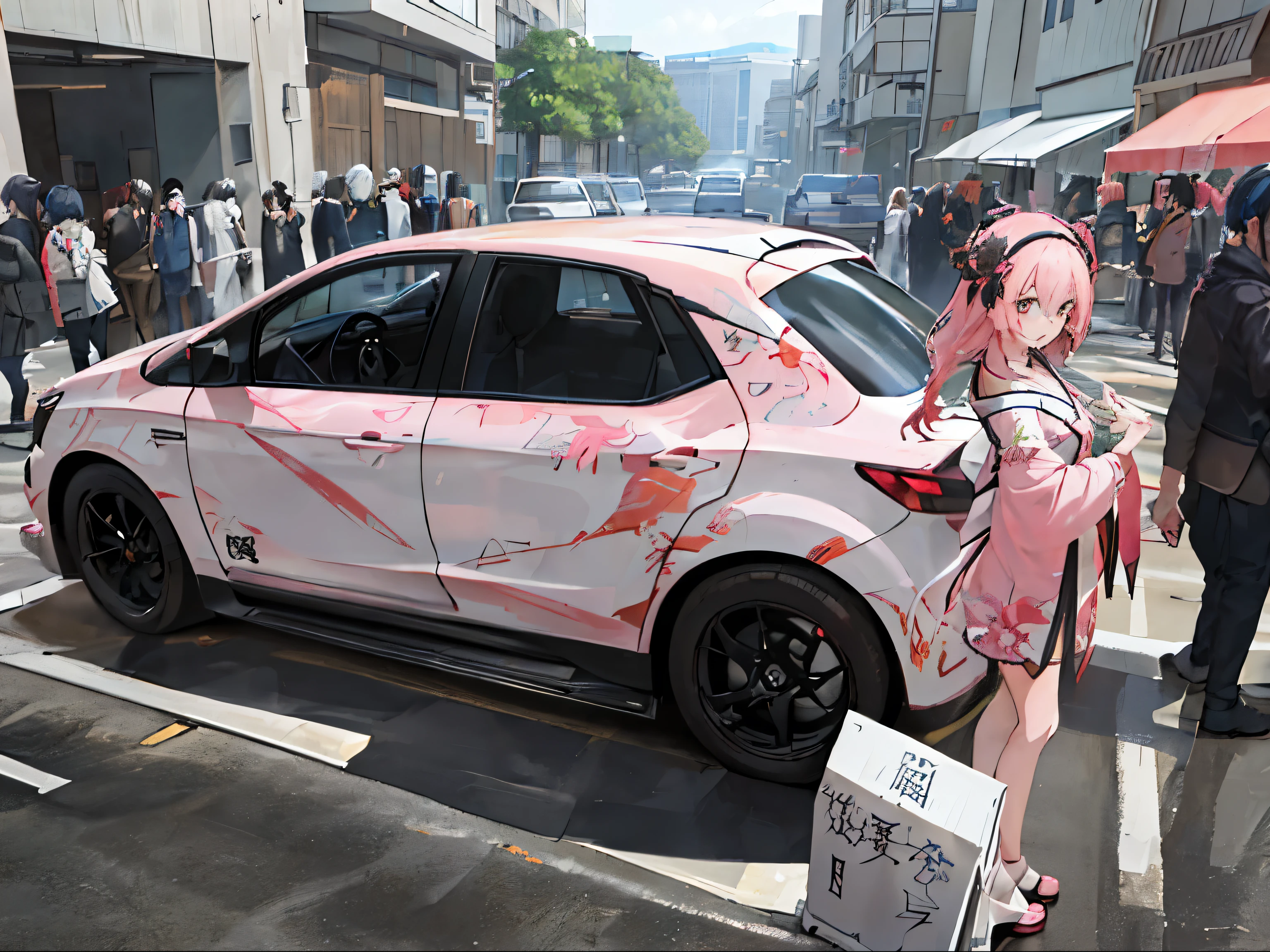 with cars,It has a pink and white design on it, Anime car wrap, gas station trends, anime style mixed with fujifilm, Lingchang, anime convention, Starting from the night of the ark, Tokyo anime scene, art deco outrun anime aesthestic, guweiz, Lingchang Art, by Shitao, anime art vehicle concept art, There are eight anime characters in total