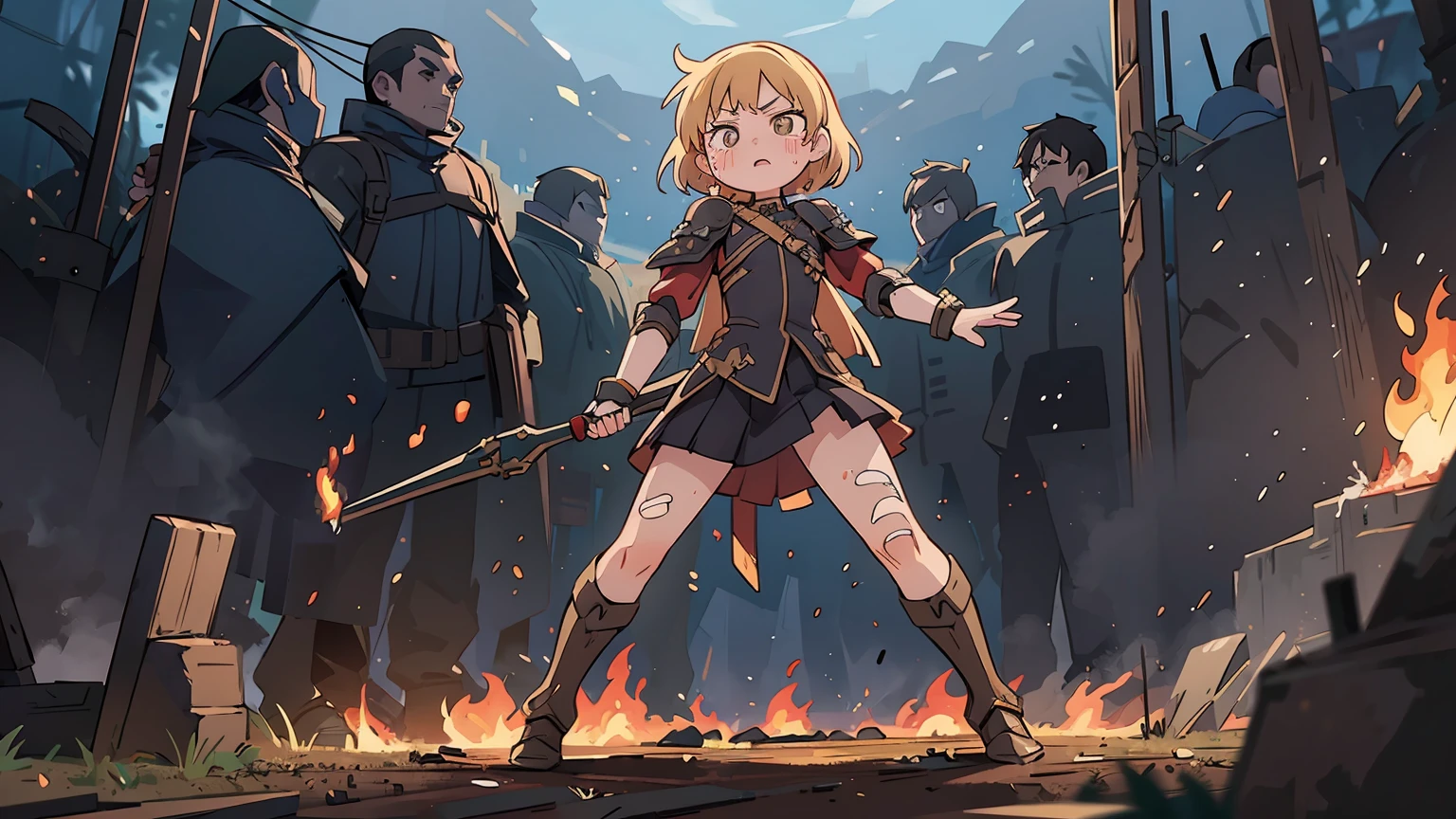 (masterpiece:1.5), (bestquality), (highlydetailed), (ultra-detailed), (1girl:1.2), (full body:1.2), Inda Karane, (young girl), (weapon in hand), (war battle scene), (bloody atmosphere), (smoke), (fire), (corpses), (chaotic background), (explosions), (torn clothing), (determined expression), (sweat and dirt), (injured), (dynamic pose), (broken armor), (burnt landscape), (fighting stance), (smoldering debris), (flames:1.3), (battle cries), (sounds of war:1.1)