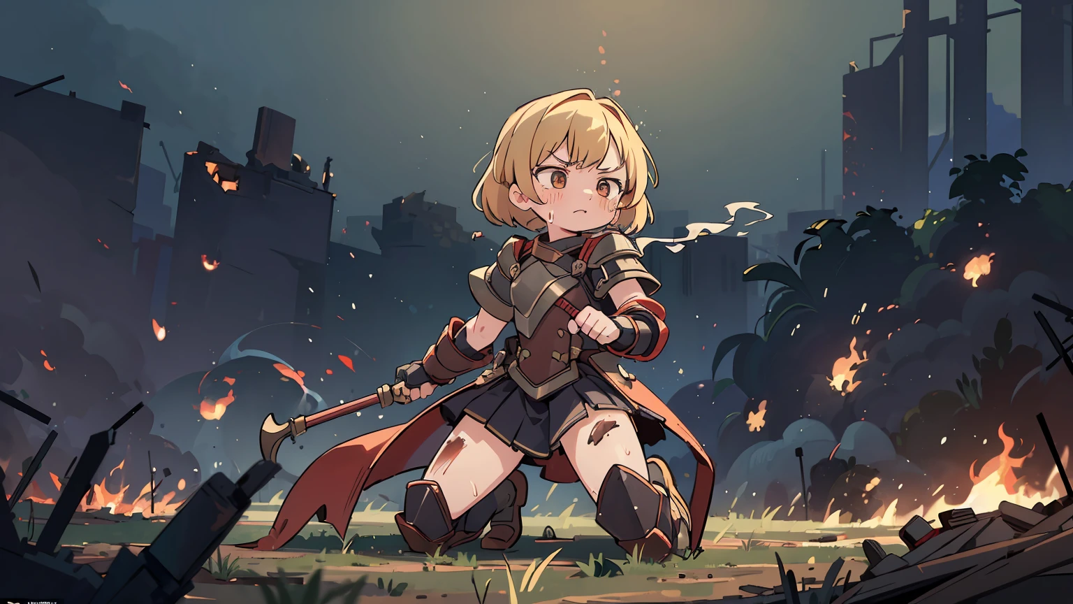 (masterpiece:1.5), (bestquality), (highlydetailed), (ultra-detailed), (1girl:1.2), (full body:1.2), Inda Karane, (young girl), (weapon in hand), (war battle scene), (bloody atmosphere), (smoke), (fire), (corpses), (chaotic background), (explosions), (torn clothing), (determined expression), (sweat and dirt), (injured), (dynamic pose), (broken armor), (burnt landscape), (fighting stance), (smoldering debris), (flames:1.3), (battle cries), (sounds of war:1.1)