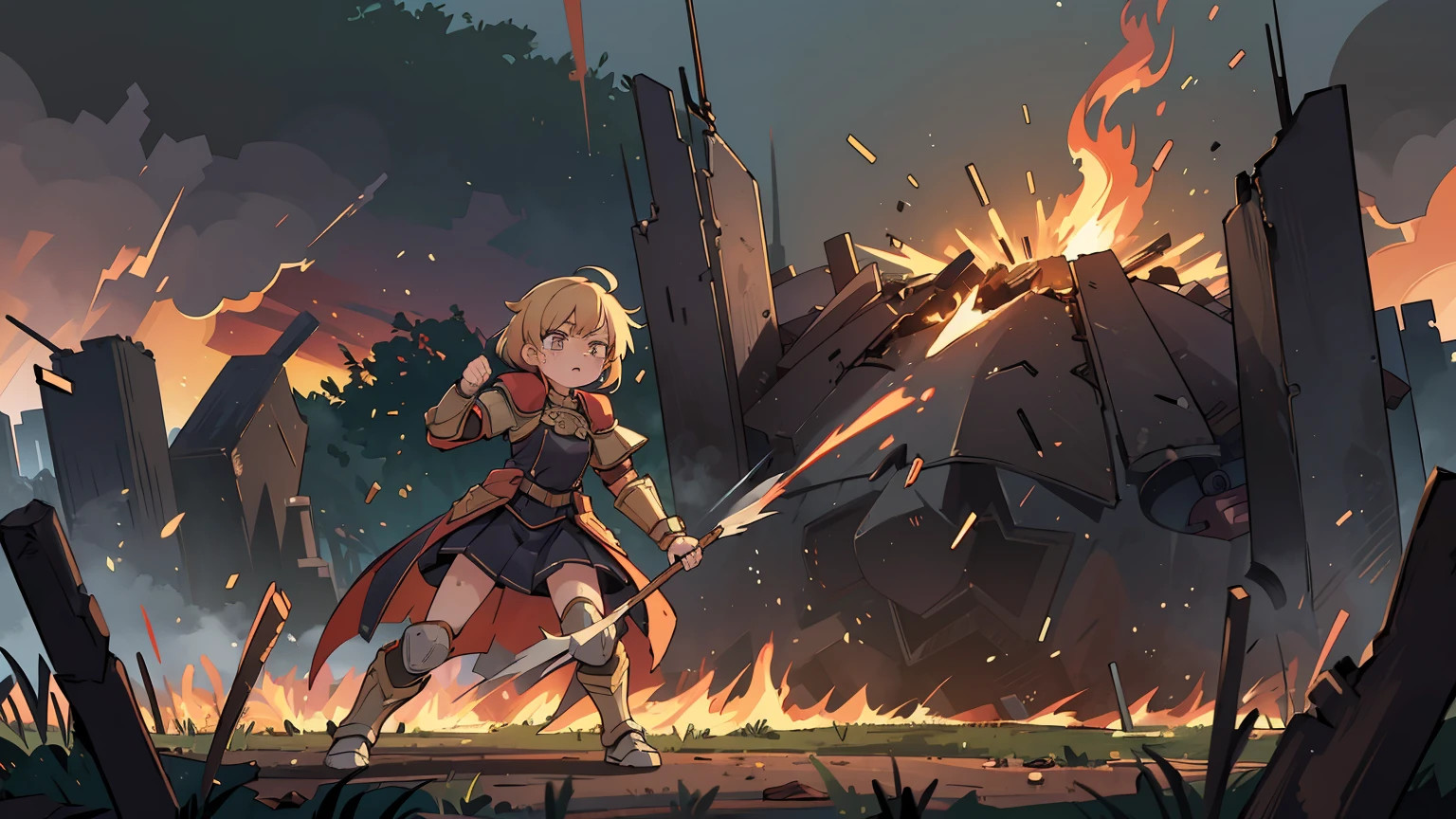 (masterpiece:1.5), (bestquality), (highlydetailed), (ultra-detailed), (1girl:1.2), (full body:1.2), Inda Karane, (young girl), (weapon in hand), (war battle scene), (bloody atmosphere), (smoke), (fire), (corpses), (chaotic background), (explosions), (torn clothing), (determined expression), (sweat and dirt), (injured), (dynamic pose), (broken armor), (burnt landscape), (fighting stance), (smoldering debris), (flames:1.3), (battle cries), (sounds of war:1.1)