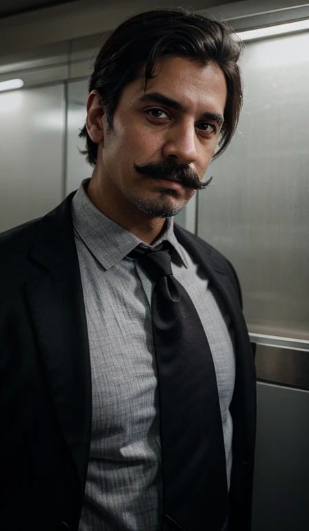 2 A man with a mustache and mustache stands on the subway, Selfie inspired by Rajmund Kanilba, reddit, realism, Portrait shot 8K, Still 8K Movie, 8K Movie Still, 8K image rendering, Dark gray haired man, soft Portrait shot 8K, Cinematic headshot portrait, Cinematic image واقعية, Cinematic image, Full color no