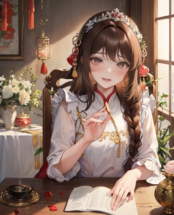 masterpiece, best quality, married woman， aldult, Chinese style, China, elder sister,  Smile, hairpin，brown hair, princess cut, Single braid，Full of motherhood，China传统服饰，purely，blush，Dignified yet lively，Mother，Put your hands on your belly，thin lips，Mature，Three trimesters of pregnancy，Exquisite