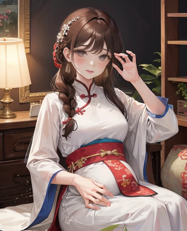 masterpiece, best quality, married woman, aldult, Chinese style, China, elder sister, Smile, hairpin,brown hair, princess cut, Single braid,Full of motherhood,China传统服饰,purely,blush,Dignified yet lively,Mother,Put your hands on your belly,thin lips,Mature,Three trimesters of pregnancy,Exquisite