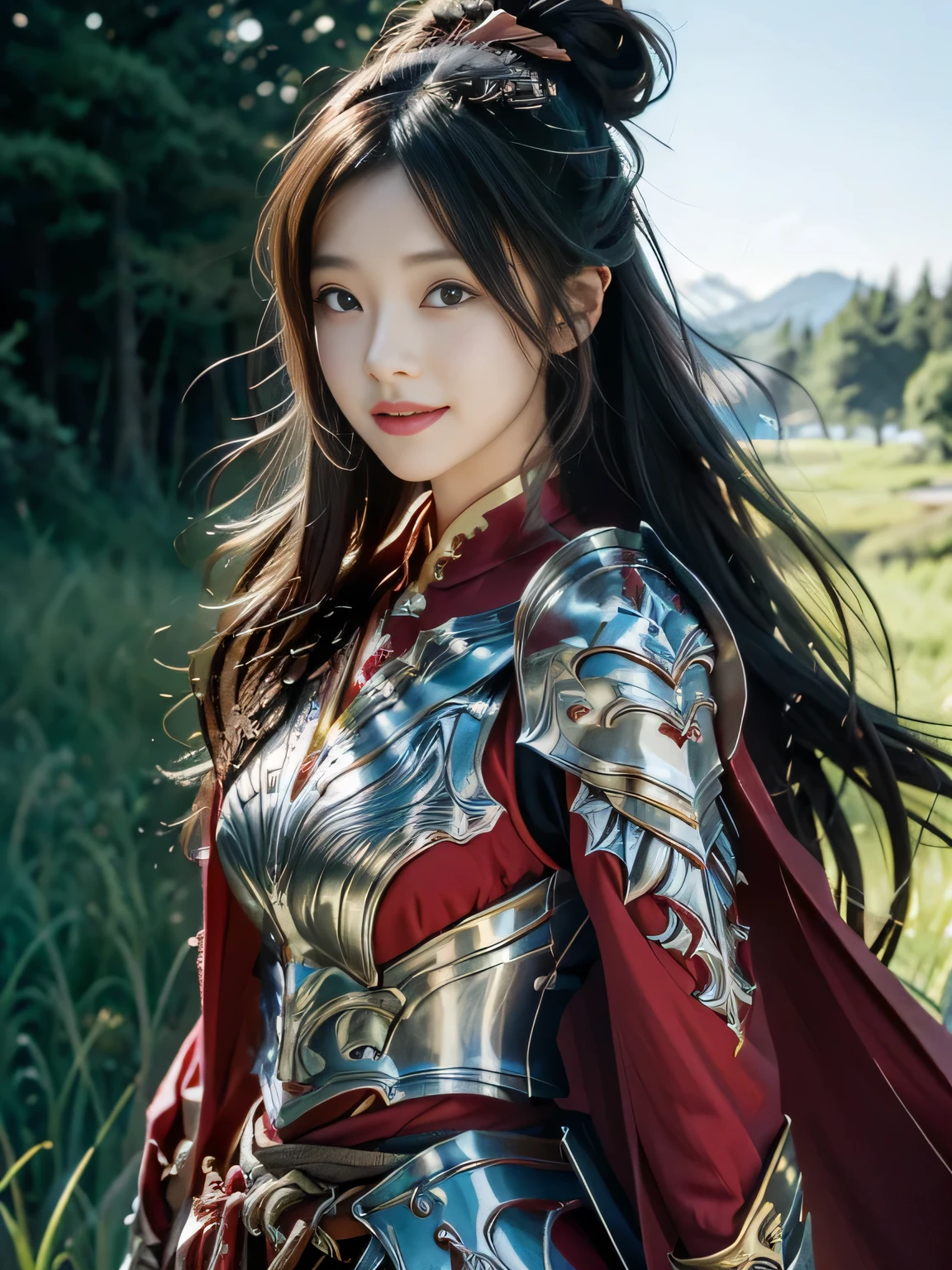 Chinese female general，，Detail the eyes，Crimson cape，  metal pauldron，Metal armor，Breasts are full and erect，Gold hairband，majestic，Smile（open mouth）（The corners of the mouth are raised），、（Hair in a bun：1.5），（Hair bun raised high）。wilderness background（grassland background）