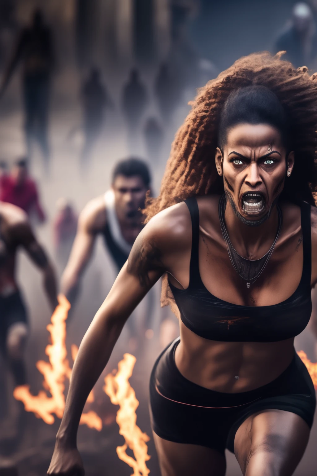 [A slow-motion shot of a horde of zombies charging towards the survivors in a hyper-realistic manner, brought to life through Unreal Engine. The camera captures every grotesque detail of their decaying features, from their sunken eyes to their torn, rotting skin, and their relentless pursuit is palpable as they approach. The survivors' faces are a mix of raw horror and steely determination, their expressions etched in high detail as they prepare to defend themselves against the onslaught] --q 2 --v 5.2 --ar 16:9 --s2 (for rendering settings)