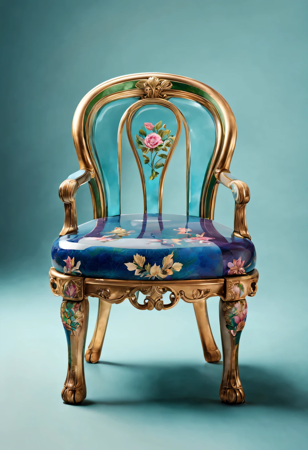 ultra high definition, masterpiece, Accurate, Super details, high detail, high quality, Award-winning, best quality, high-rise, 16k, ambientlighting, background: simple gold,
an art deco, (Close-up of the front of the chair), (Chinese cloisonné style),
The imperial palace chair inlaid with cloisonn é is a traditional furniture made of high-quality white acid branch wood. Made of copper wire enamel,The chair has exquisite patterns on its surface. These patterns are made using the cloisonné process. The seat of the chair is round, The seat plate is square,
The color of the chair is sky blue (light blue), Sapphire blue (lapis lazuli), Red, verde claro, Dark Green (semi transparent exitite color), white (car curve color), purple (Glass texture amethyst color), magenta (rose), and emerald blue,
The chair is inlaid with rubies, emeralds, lapis lazuli, black mussels, exit, pearl, and coloRed glass
It has a very rich decorative technique, dignified and gorgeous appearance, Simple and clear, Highlight the luxurious and rich visual aesthetics,