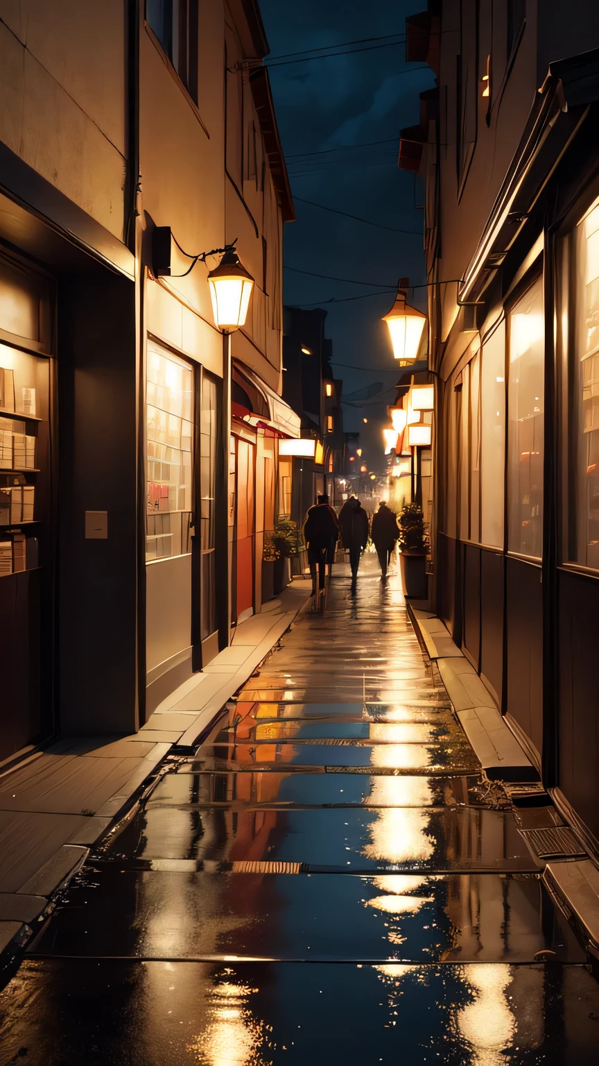 realistic background, anime wallpaper, anime scene, anime scenery, anime style, anime vibe, anime, japan, high details, best quality, masterpiece, tiny details, high detail, many details, sparkle, super detail, narrow japanese urban street, japanese shop signs, japanese signs, japanese banners, banners, plant pots, plants, trees, grass, cobble path, trash cans, nigh time, dark, street lights,, (realistic,photorealistic:1.37), narrow anime street, urban, compact, japanese convience store, glass windows, shop signs, billboards, street lights, street lamps, night time, dark, midnight, (best quality,4k,8k,highres,masterpiece:1.2),ultra-detailed, lofi, lofi vibe, lofi stlye, night time, dark, dramatic weather, raining, heavy rain, puddles, rain drops, modern japanese architecture, no one in sight, (no one: 1), Conceptual art, anime, anime style, sparkle, glowing light, reflection light, cinematic lighting, UHD, masterpiece, super detail, high details, high quality, best quality, highres