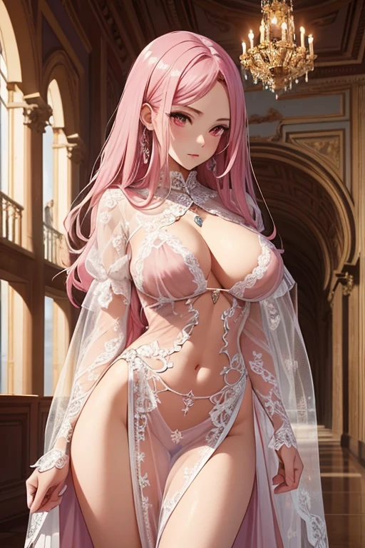{{{{masterpiece}}}}, {{{super detailed}}}, {{{High resolution}}}, {{excellent anatomy}}, (((highest quality))), ((very delicate and beautiful)), {{very detailed and delicate}}, extremely detailed, solo, One female、best style、beautiful woman、The most beautiful woman in the world、(Sheer sexy dress:1.5),((big breasts))、(((long pink hair)))、Inside the chalk palace, baroque architecture, elegant walkways between towers, in luminist baroque style, royal palace, Baroque symmetry, Italian Renaissance architecture, Endless corridors, Rococo architecture, baroque palace,extremely detailedな瞳, solo, perfect face, pretty face, highly detailed face,Rich facial expressions、(muste piece), (best quality)、red eyes、sexy pose、sexy woman、beautiful and detailed design、nipple
