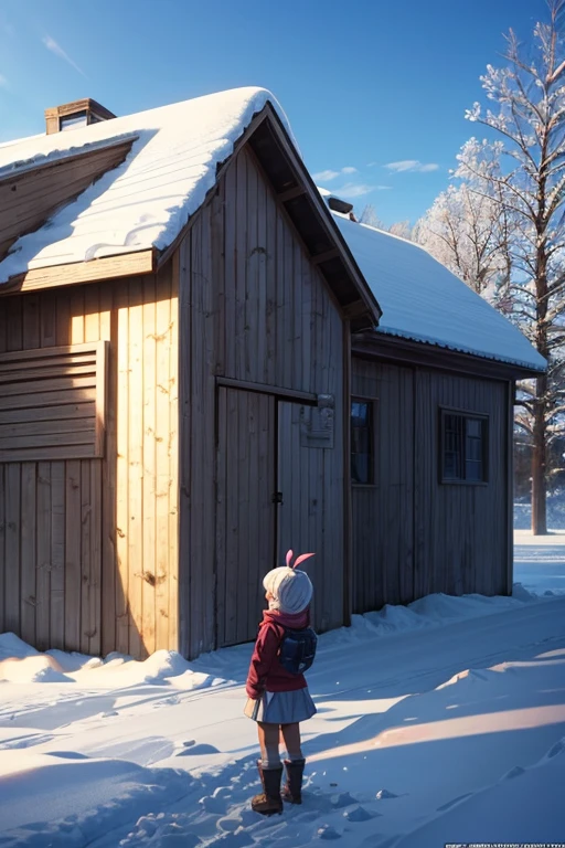 Cartoon character standing in front of barn with snow-covered roof, leaflet, leaflet anime style, anime yuruying, screenshot of animation, 2 0 1 9 anime screenshot, Today's featured anime stills, Still from TV animation, anime screenshot, yuruying, Popular isekai anime